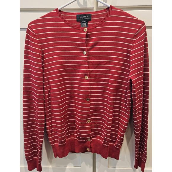 Lauren Ralph Lauren Sweater M Medium Red Stripe Silk Cardigan Button Long Sleeve - Picture 1 of 3